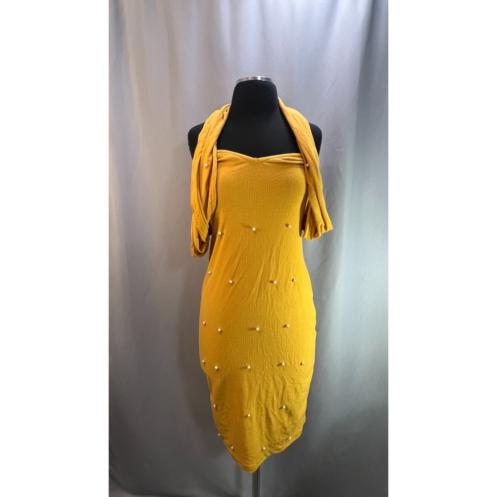 CBR Bodycon Dress Womens Medium Mustard Cotton‎ Pearl Embellishments Cocktail